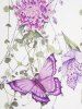 Contrast Colorblock Butterfly Flower Print Lattice Strap Turn Down Collar Faux Twinset T Shirt -  