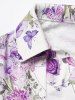 Contrast Colorblock Butterfly Flower Print Lattice Strap Turn Down Collar Faux Twinset T Shirt -  