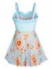 Plus Size Vacation Sunflower Mesh Bowknot Pastel Color Ruffle Tankini Swimsuit -  
