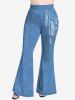 Pantalon Evasé 3D Chaîne et Plume Imprimée de Grande Taille - Bleu clair 5x | US 30-32