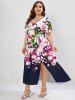 Robe Mi-Longue Fendue Fleur Imprimée à Taille Haute de Grande Taille - Multi-A 5x | US 30-32