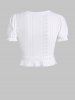 V Neck Ruffle Short Sleeves Eyelet Openwork Cinched Crop Tee -  
