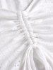 V Neck Ruffle Short Sleeves Eyelet Openwork Cinched Crop Tee -  