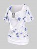Plus Size Butterfly Print Buckle Keyhole Neck Ruched Short Sleeve T-Shirt -  