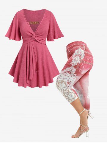 Chains Twist Flutter Sleeves Tee and Lace Panel 3D Printed Capri Jeggings Plus Size Outfit - LIGHT PINK