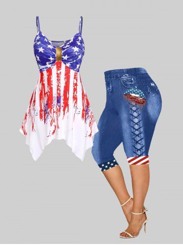 Patriotic American Flag Ruched Handkerchief Cami Top and 3D Jeans Jeggings Plus Size Summer Outfit - MULTI