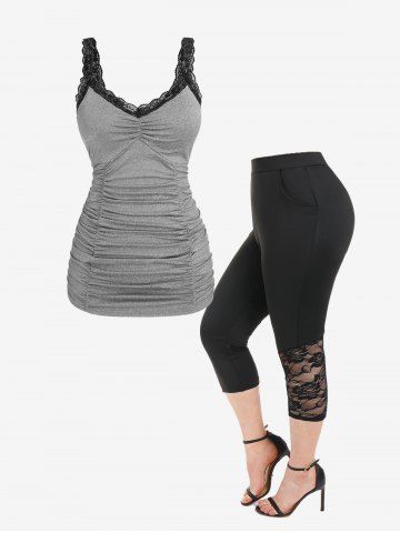 Lace Panel Ruched Backless Tank Top and Capri Leggings Plus Size Summer Outfit - LIGHT GRAY
