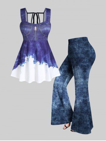3D Denim Print Back Tie Skirted Tank Top and Flare Pants Plus Size Summer Outfit - BLUE