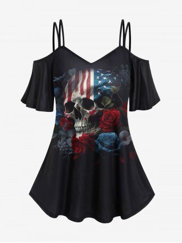 Gothic Skull American Flag Rose Print Open Shoulder T-shirt - BLACK - 2X | US 18-20