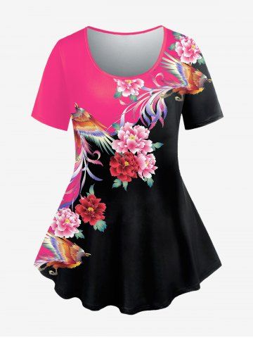 T-Shirt à Imprimé Phoenix et Fleurs Grande-Taille - LIGHT PINK - 5X | US 30-32