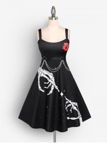 Gothic Rose Skeleton Print Fit and Flare Dress And Punk Gothic Layered Rings Faux Leather Belt Waist Chain Gothic Outfit - BLACK