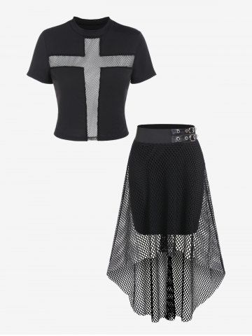 Fishnet Panel Cross Cropped T-shirt And Fishnet Overlay Grommets Buckle High Low Skirt Gothic Outfit - BLACK