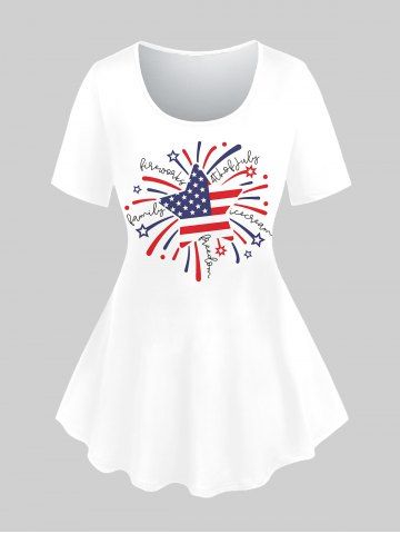 T-shirt Imprimé Drapeau Américain et Lettre à Manches Courtes Grande Taille - WHITE - 1X | US 14-16