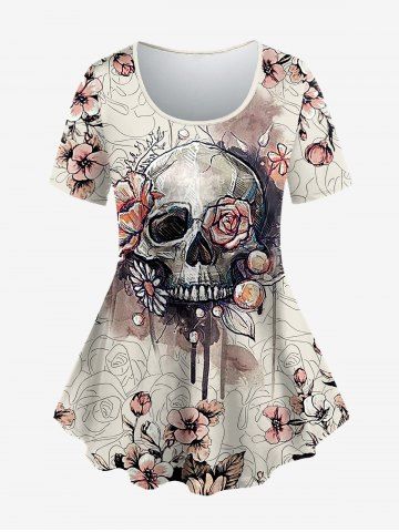 Gothic Skull Flower Print T-shirt - WHITE - L | US 12