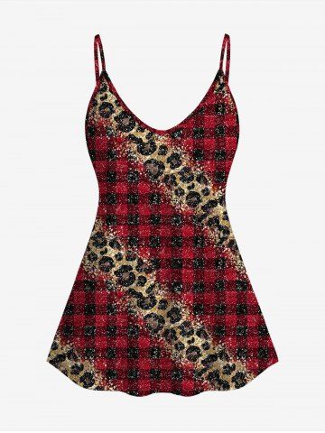 Plus Size 3D Red Black Checkered And Leopard Print Cold Shoulder Tee - DEEP RED - 2X | US 18-20