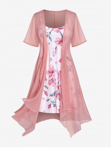 Plus Size Curve Solid Color Blouse and 3D Flower Print Spaghetti Strap Dress - LIGHT PINK - M | US 10