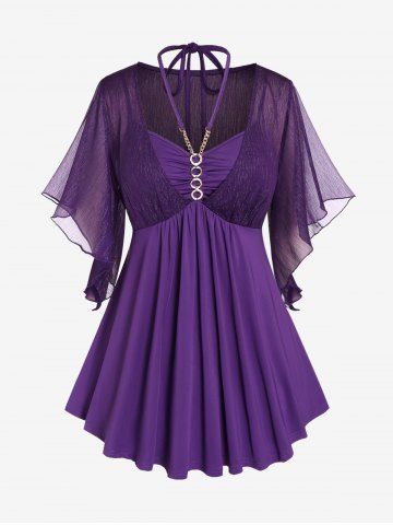 Plus Size Ring Chains Halter Runched Pleated Butterfly Sleeve T-Shirt - PURPLE - M | US 10