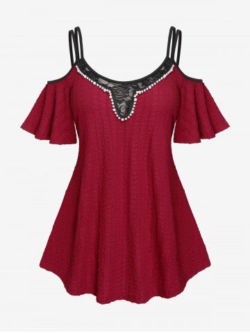 Plus Size Lace Panel Faux Pearls Cold Shoulder Textured Tee - RED - M | US 10