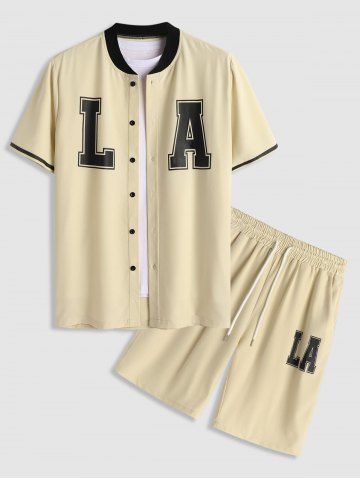 LA Print Stand Collar Short Sleeve Shirt with Drawstring Pocket Shorts Set - LIGHT COFFEE - XL