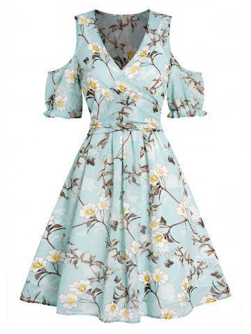 Flower Print Cold Shoulder Crossover Bowknot Plunge Mini Dress - LIGHT GREEN - XXL