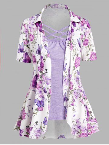 Contrast Colorblock Butterfly Flower Print Lattice Strap Turn Down Collar Faux Twinset T Shirt - LIGHT PURPLE - XL