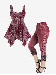 Tribal Paisley Print Heart Ring Handkerchief Tank Top and Leggings Plus Size Summer Outfit -  