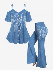 Plus Size 3D Jeans Buttons And Chains Leaves Feather Print Strap Off Shoulder T-Shirt and 3D Jeans And Chains Leaves Feather Print Flare Pants Outfit -  