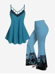 Lace Panel Strappy Textured Tunic Top and Pull On Flare Pants Plus Size Summer Outfit -  