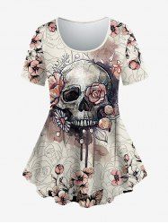 Gothic Skull Flower Print T-shirt -  