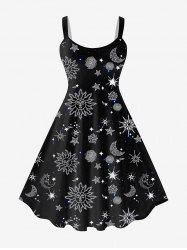 Plus Size 3D Sun Moon Star Figure Printed Cold Shoulder A Line Dress -  