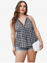Plus Size Plaid Ruffles Tie Backless Halter Tank Top -  