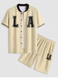 LA Print Stand Collar Short Sleeve Shirt with Drawstring Pocket Shorts Set -  