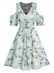 Flower Print Cold Shoulder Crossover Bowknot Plunge Mini Dress -  