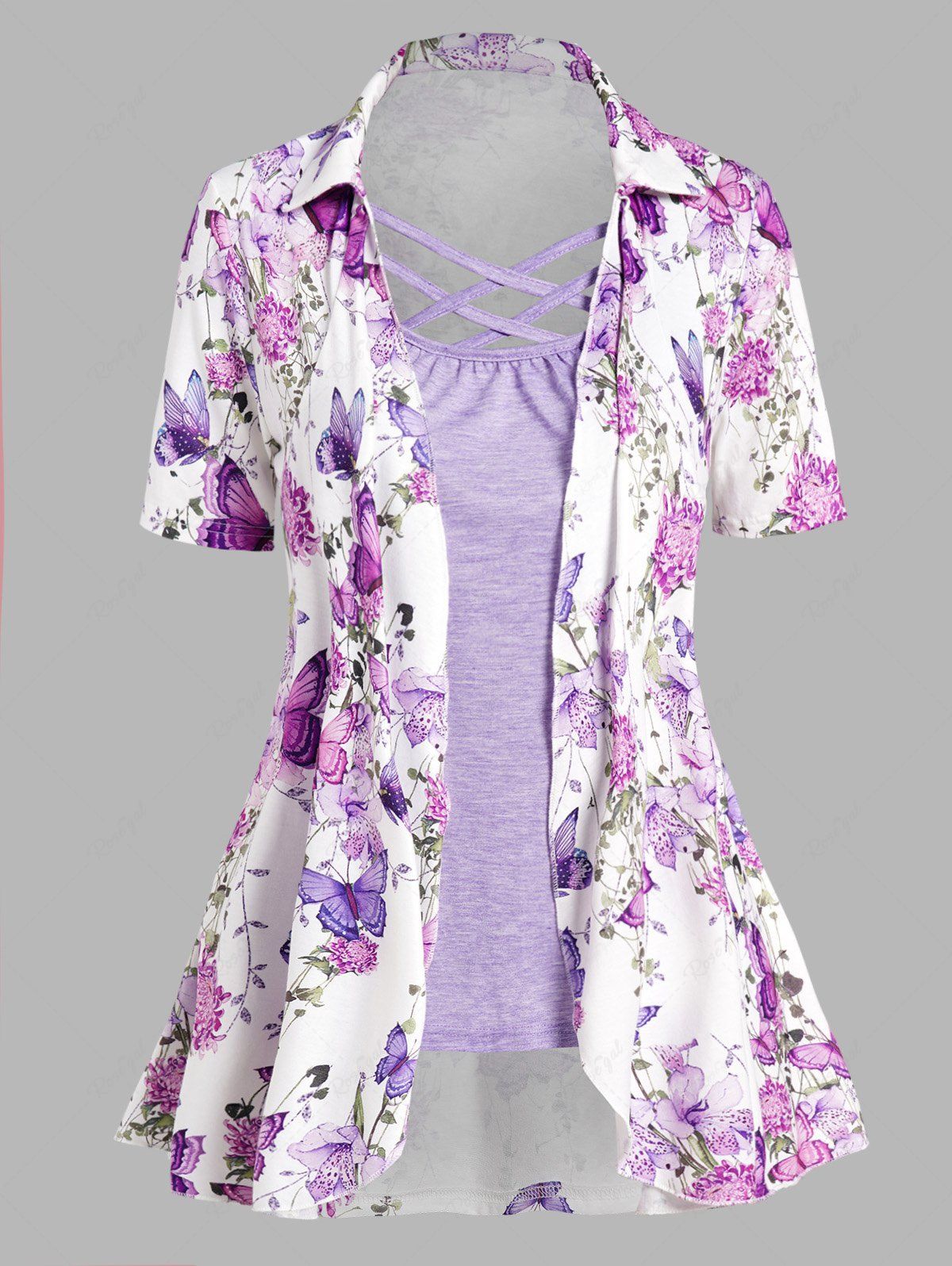 Trendy Contrast Colorblock Butterfly Flower Print Lattice Strap Turn Down Collar Faux Twinset T Shirt  