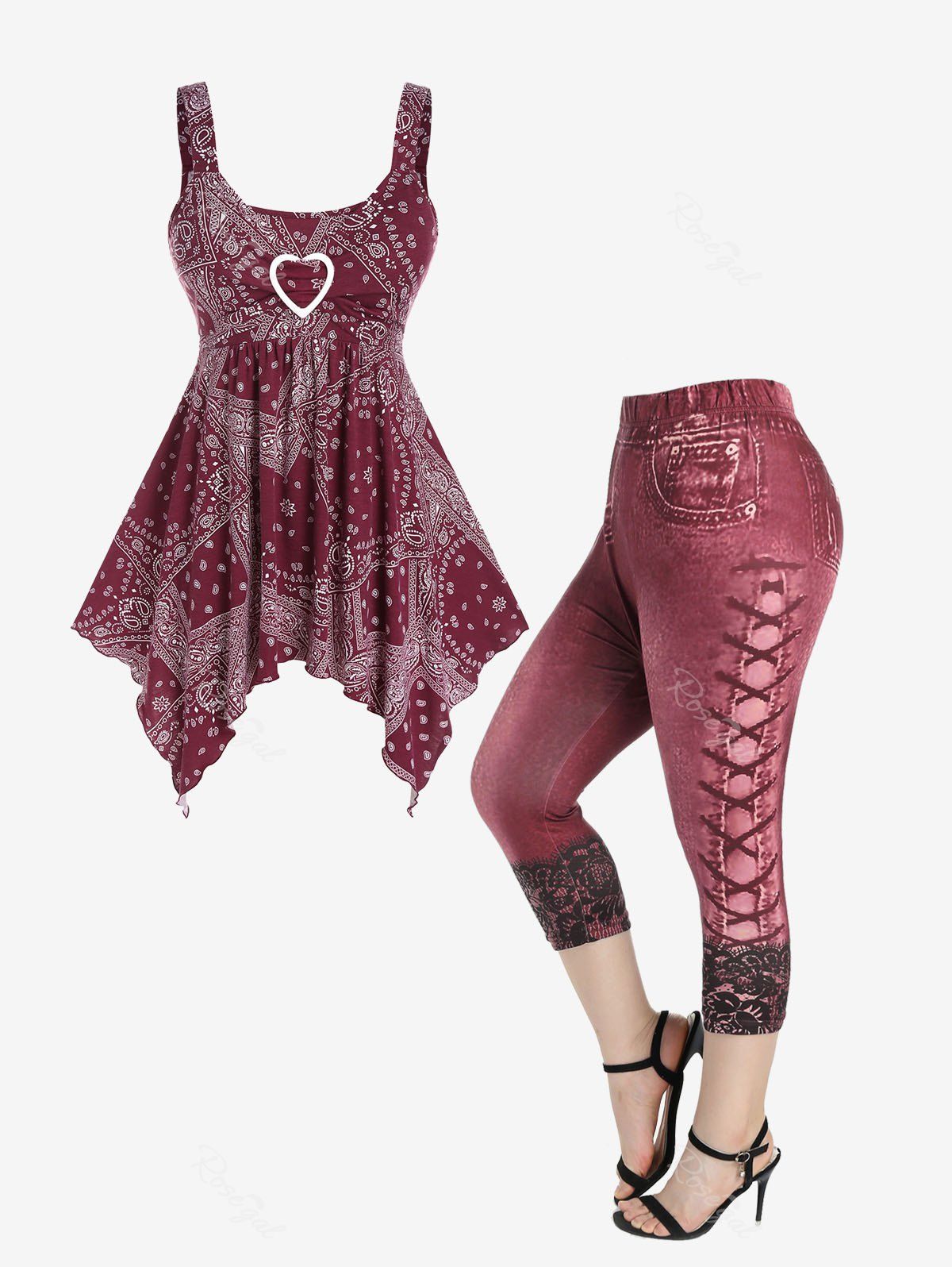 Discount Tribal Paisley Print Heart Ring Handkerchief Tank Top and Leggings Plus Size Summer Outfit  