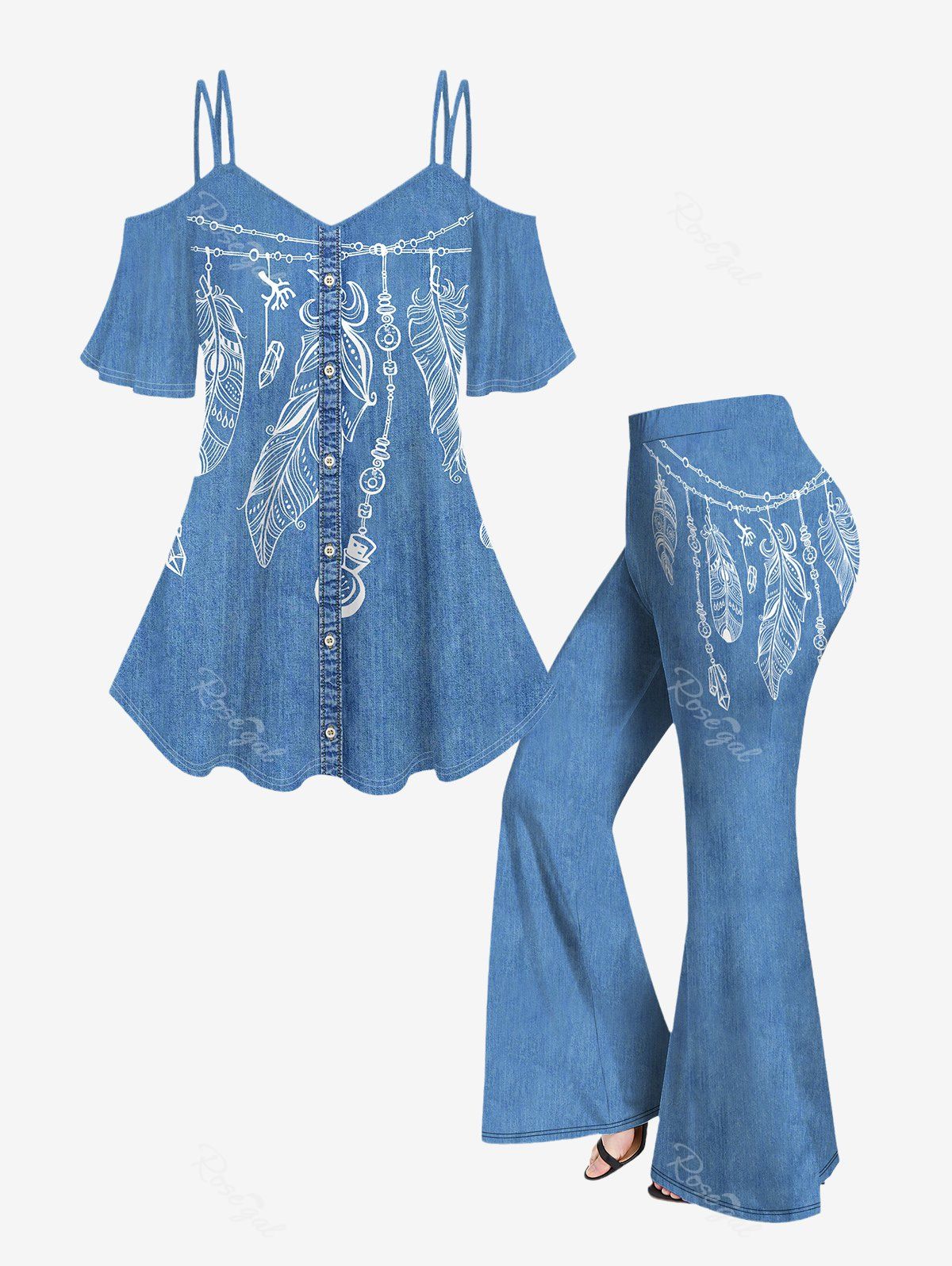 Fancy Plus Size 3D Jeans Buttons And Chains Leaves Feather Print Strap Off Shoulder T-Shirt and 3D Jeans And Chains Leaves Feather Print Flare Pants Outfit  