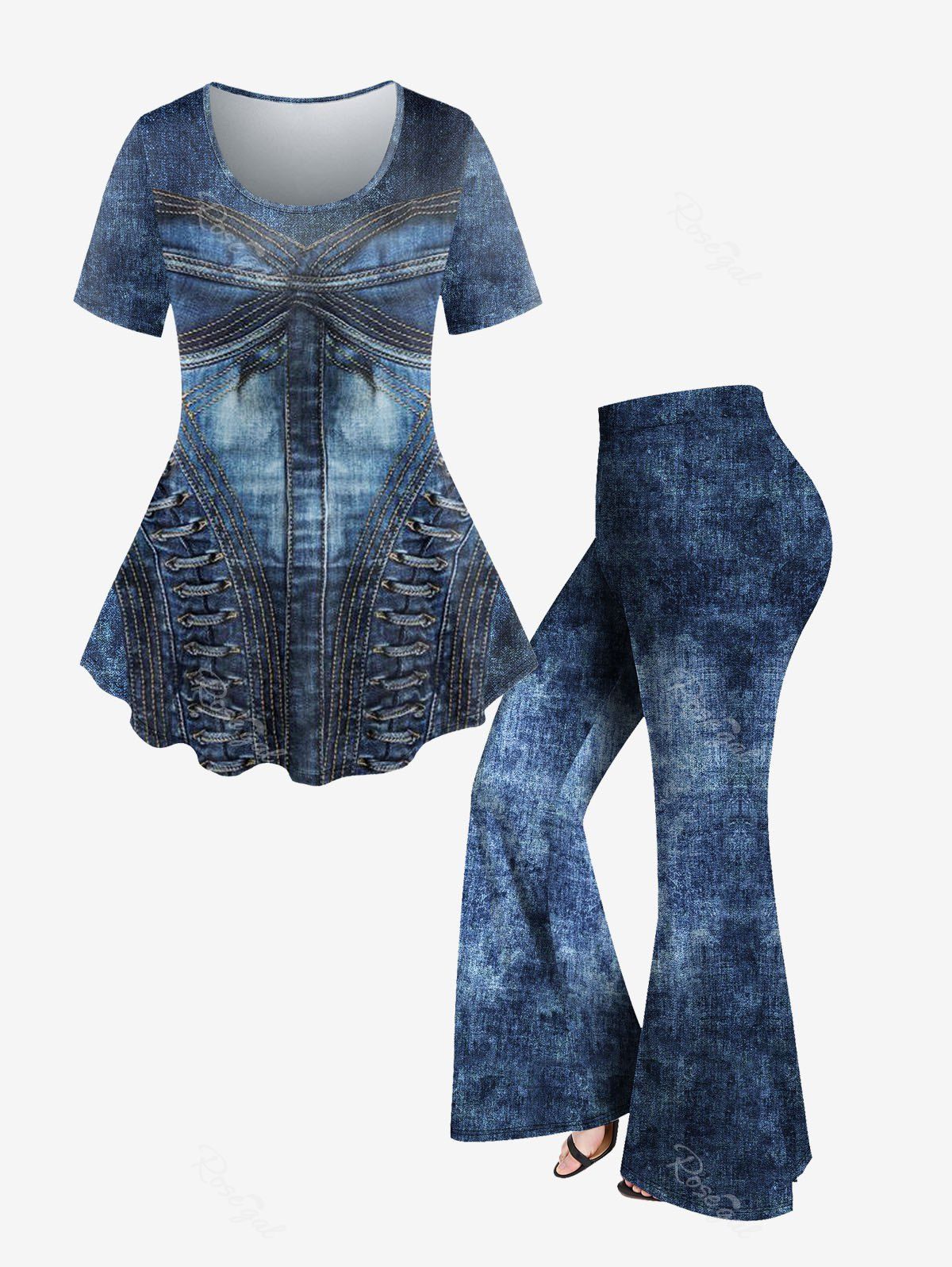 Best 3D Print T-shirt and 3D Jean Print Pull On Bell Bottom Pants Plus Size Outfit  
