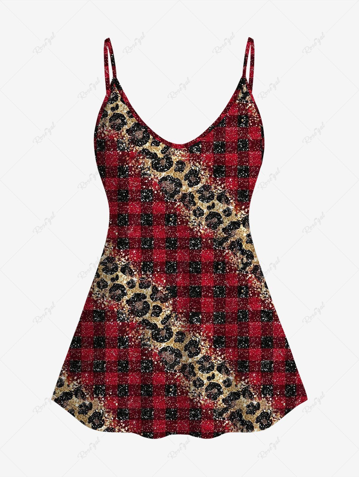Hot Plus Size 3D Red Black Checkered And Leopard Print Cold Shoulder Tee  