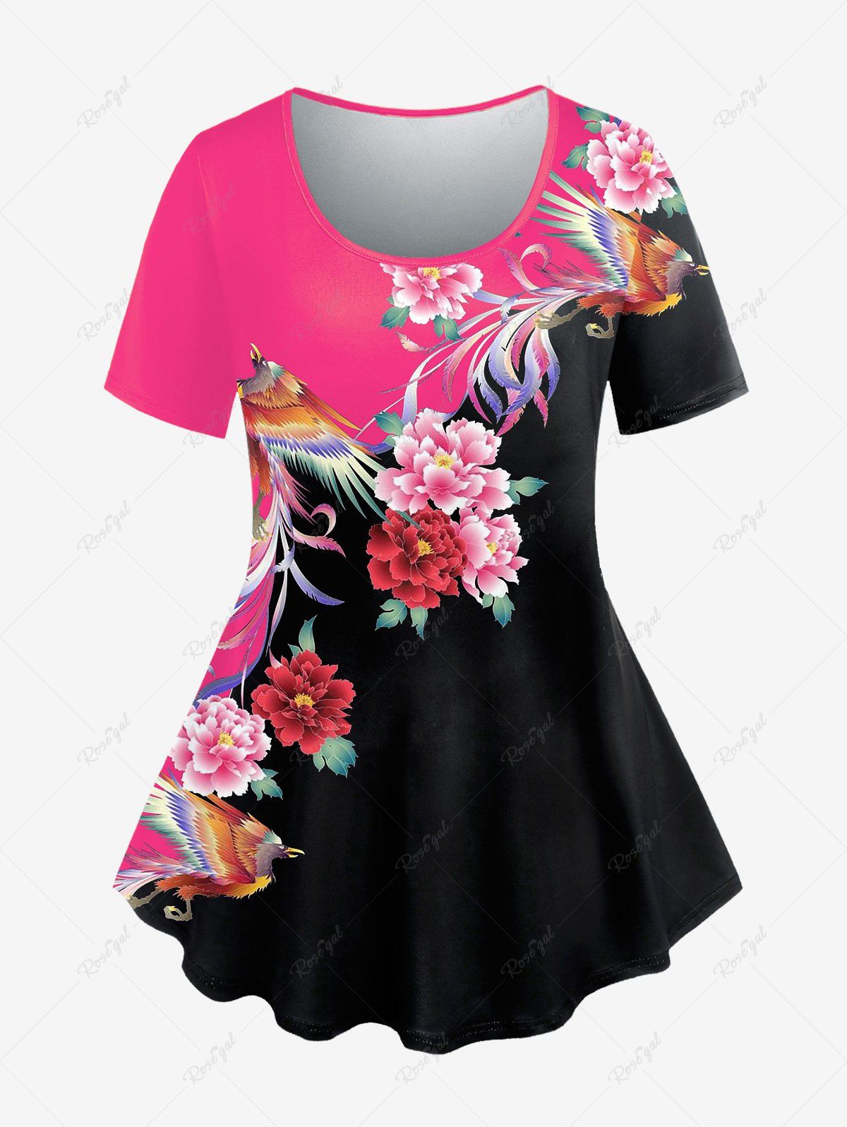 T-Shirt à Imprimé Phoenix et Fleurs Grande-Taille Rose clair 5x | US 30-32