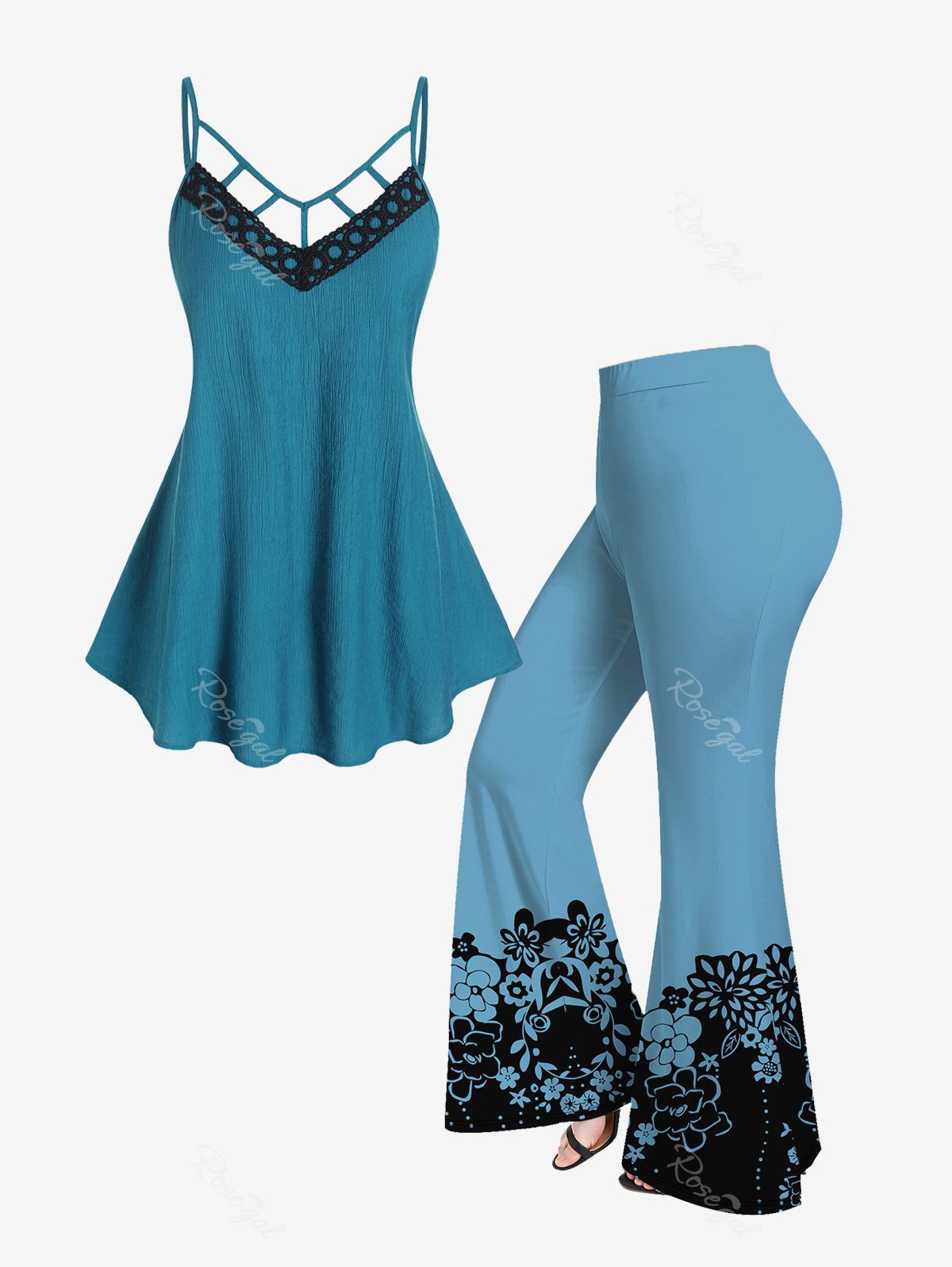 Fashion Lace Panel Strappy Textured Tunic Top and Pull On Flare Pants Plus Size Summer Outfit  