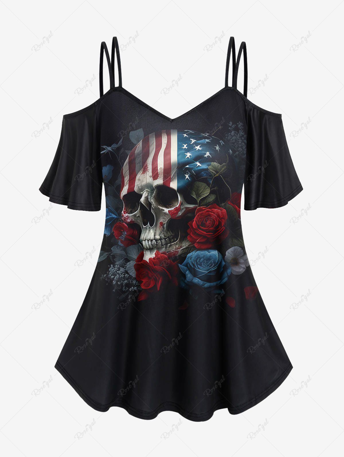 T-shirt Gothique Imprimé Drapeau Américain Rose et Crâne à Épaules Ouvertes Noir 5x | US 30-32