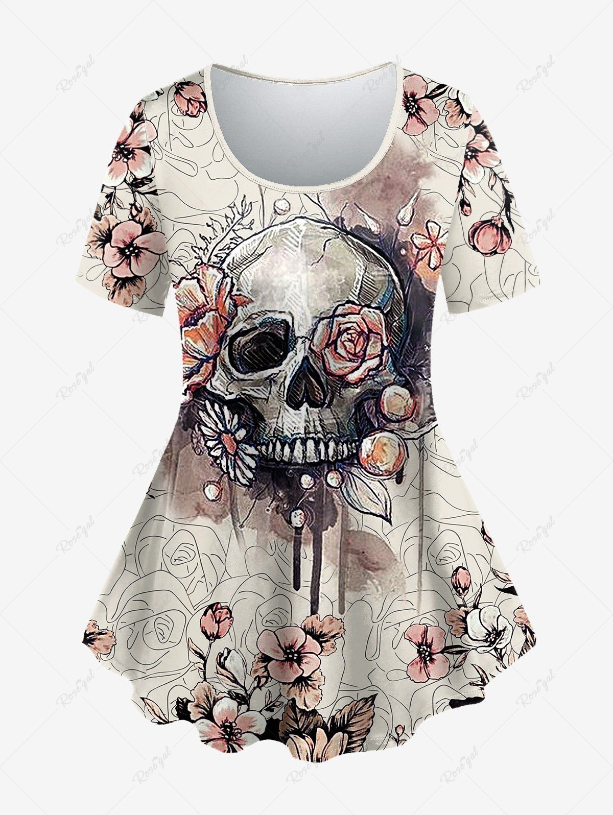 Fancy Gothic Skull Flower Print T-shirt  