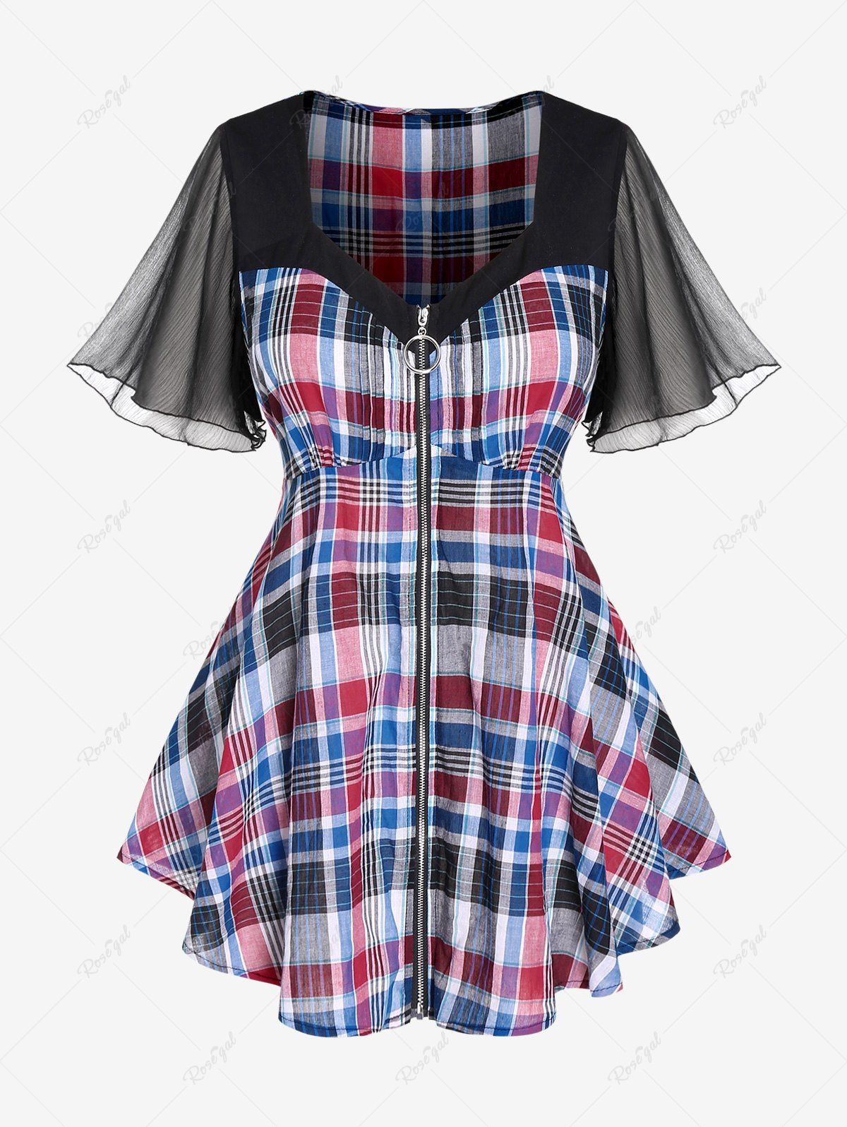 Outfits Plus Size Flutter Sleeves Zipper  Plaid Tee  
