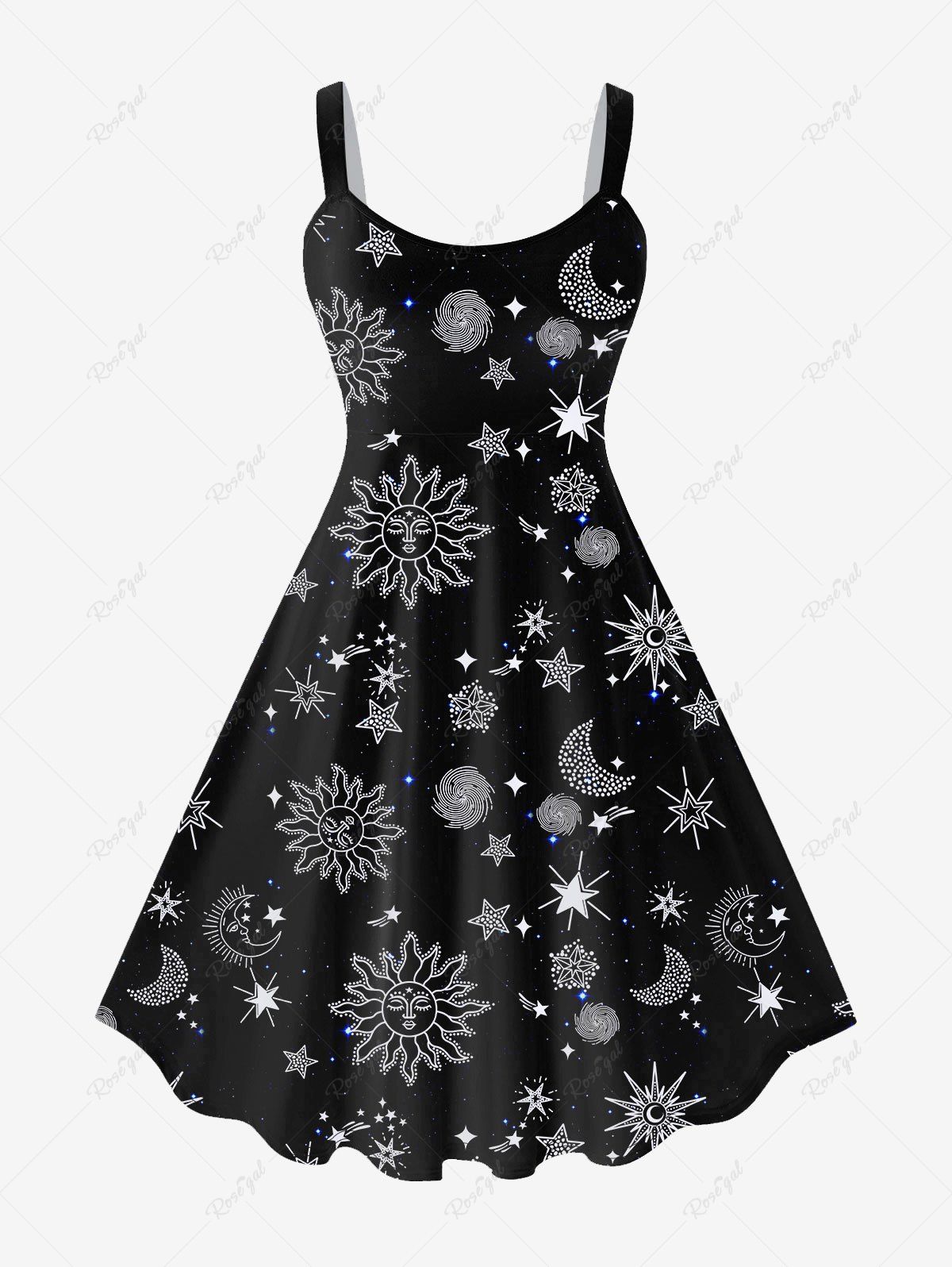 Fashion Plus Size 3D Sun Moon Star Figure Printed Cold Shoulder A Line Dress  