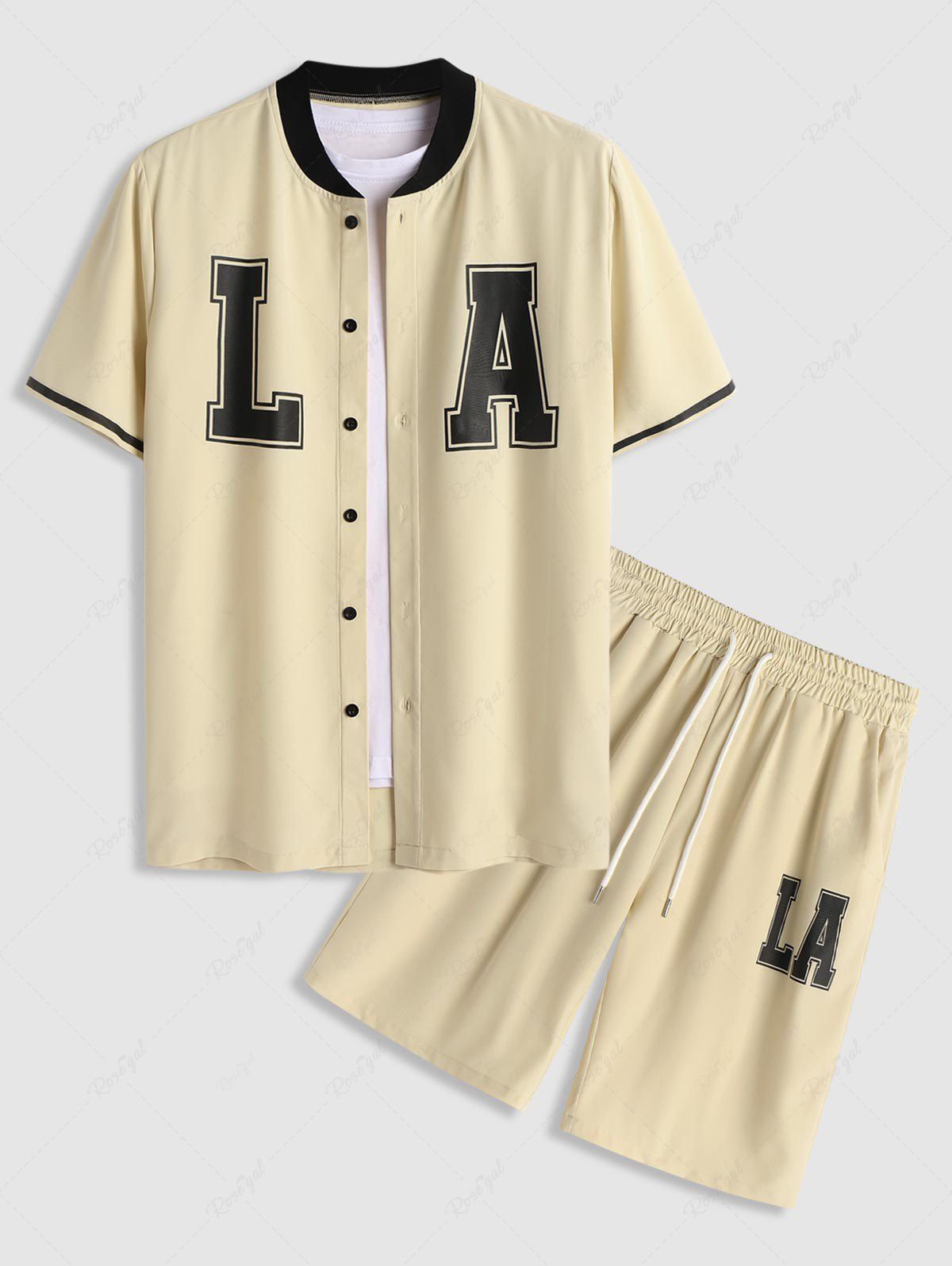 Buy LA Print Stand Collar Short Sleeve Shirt with Drawstring Pocket Shorts Set  