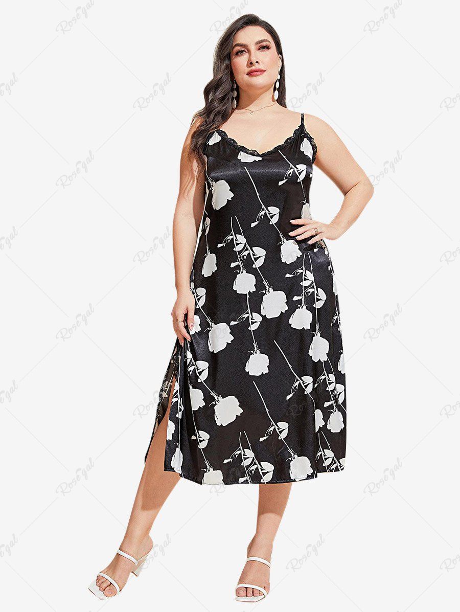Trendy Plus Size Flower Slit Lace Trim Backless Midi Sleep Dress  