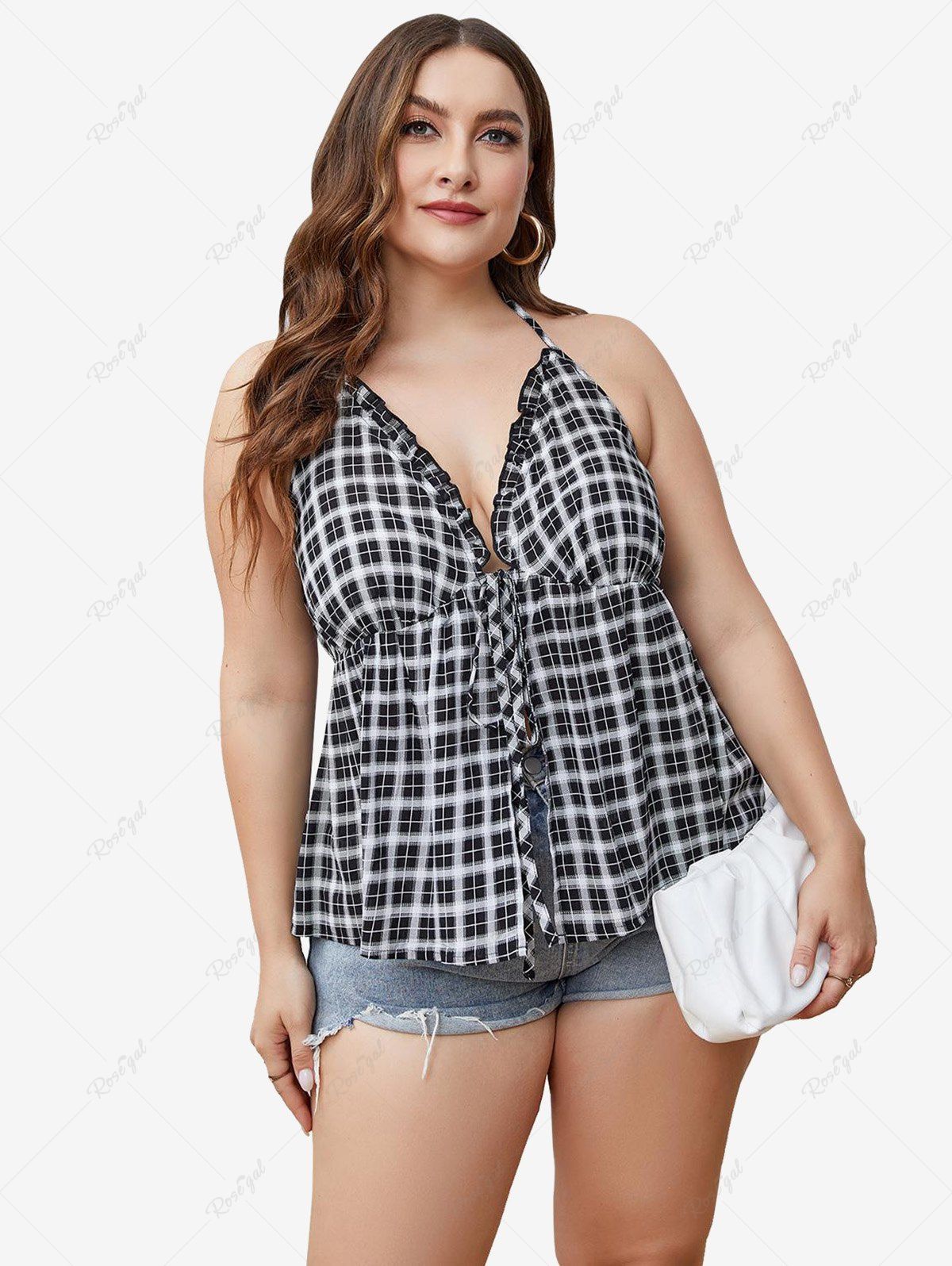 Store Plus Size Plaid Ruffles Tie Backless Halter Tank Top  