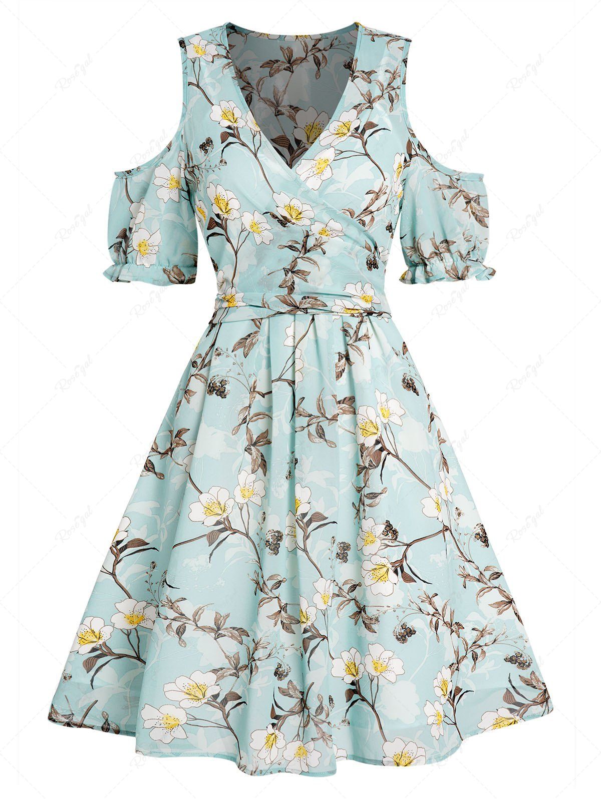 Trendy Flower Print Cold Shoulder Crossover Bowknot Plunge Mini Dress  