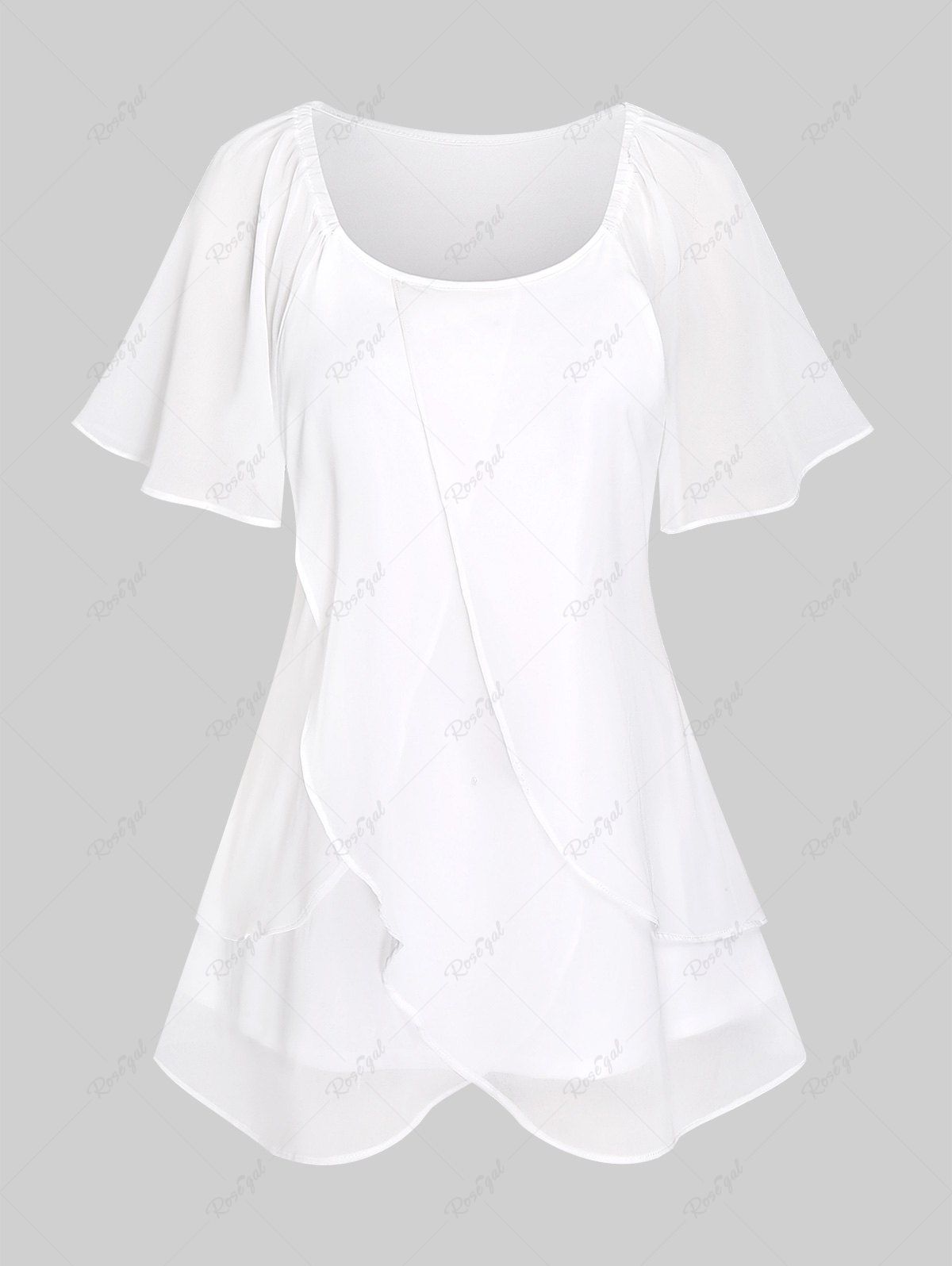 Plus Size Raglan Sleeves Flounce Layered Chiffon Blouse Blanc 1X | US 14-16