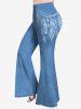 Plus Size 3D Jeans Buttons And Chains Leaves Feather Print Strap Off Shoulder T-Shirt and 3D Jeans And Chains Leaves Feather Print Flare Pants Outfit -  